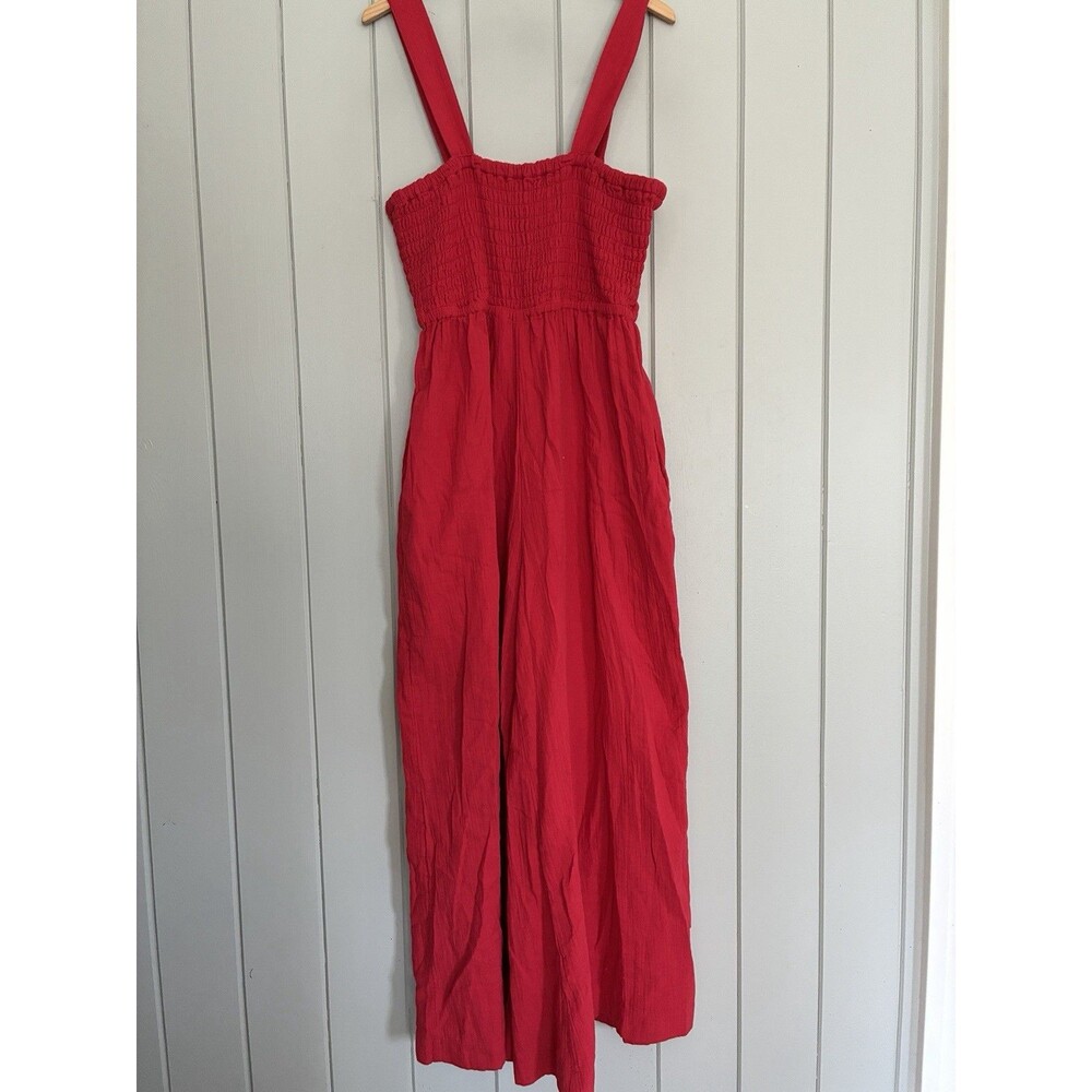 Quince 100% Organic Cotton Gauze Smocked Wide Leg Jumpsuit Cherry Red L Large